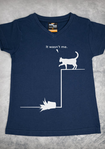 It Wasn't Me (Cat) – Youth Girl Navy Blue V-neck T-shirt